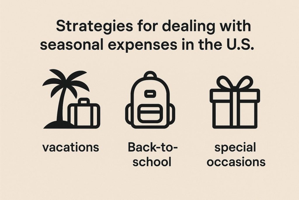 “Minimalist beige graphic with the title ‘Strategies for dealing with seasonal expenses in the U.S.’ at the top, and three black line icons below: a palm tree with a suitcase labeled ‘vacations,’ a school backpack labeled ‘Back-to-school,’ and a gift box labeled ‘special occasions.’