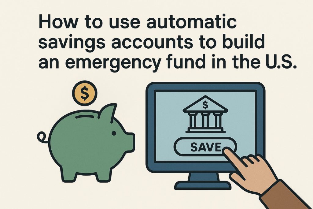 Illustrated banner with the title ‘How to use automatic savings accounts to build an emergency fund in the U.S.’ Above a large green piggy bank receiving a gold coin on the left, and a computer monitor on the right showing a bank icon and a big ‘SAVE’ button being clicked by a hand.