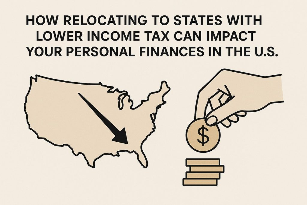 Minimalist beige graphic with the title ‘How relocating to states with lower income tax can impact your personal finances in the U.S.’ On the left, an outline map of the United States contains a large downward arrow pointing to the Southeast, and on the right a hand places a coin with a dollar symbol onto a stack of coins, symbolizing savings from lower state taxes. No real people are depicted.