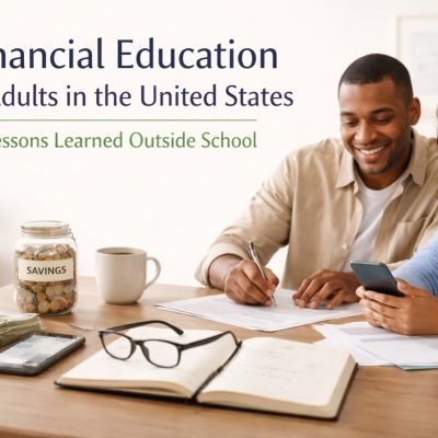 Adult man and woman sitting at a wooden table in a bright home environment, reviewing financial documents together. The man is writing on paperwork while the woman checks information on her smartphone. On the table, there are stacked dollar bills, a jar labeled “savings” filled with coins, a notebook, eyeglasses, and a calculator, symbolizing budgeting, financial planning, and money management. In the background, soft natural light and minimal decor create a calm atmosphere associated with learning and responsible financial decision-making outside formal education.