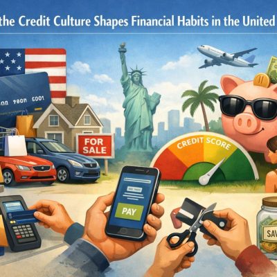 Illustration representing financial habits in the United States, featuring credit cards, a shopping cart, a house for sale, cars, digital payment devices, and a credit score gauge. The Statue of Liberty appears in the background alongside an airplane and a city skyline. A piggy bank with money, a savings jar, and people interacting with payment tools symbolize consumer spending, borrowing, saving, and credit-driven decision-making in American society.