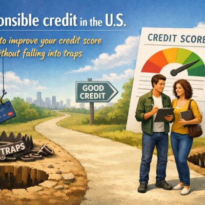 Illustrated scene about responsible credit use in the United States, titled “Responsible credit in the U.S.: How to improve your credit score without falling into traps.” The image shows a clear path leading toward a “Good Credit” sign, symbolizing healthy financial decisions. On the left side, there are visual traps labeled “Debt traps,” including a bear trap and a hanging credit card, representing risky financial shortcuts. On the right side, a large credit score gauge points toward the green zone, next to a checklist and a sign reading “Easy loans.” In the foreground, two illustrated characters—a man and a woman—stand together reviewing a document, symbolizing informed decision-making and financial awareness. The background features a natural landscape and distant city skyline, reinforcing the idea of long-term financial progress.