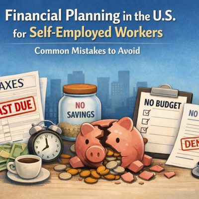 Illustrated scene highlighting common financial planning mistakes made by self-employed workers in the United States. The image features the title “Financial planning in the U.S. for self-employed workers: Common mistakes to avoid.” In the foreground, a broken piggy bank spills coins, symbolizing lack of savings. Surrounding elements include documents labeled “Taxes – Past Due,” a jar marked “No savings,” a clipboard reading “No budget,” and a medical form stamped “No insurance – Denied,” representing unpaid taxes, absence of financial reserves, poor budgeting, and lack of insurance coverage. Additional objects such as a clock, coffee cup, scattered cash, and a stethoscope reinforce themes of time pressure, financial stress, and unprotected health risks. A city skyline in the background situates the scene in an urban U.S. context.